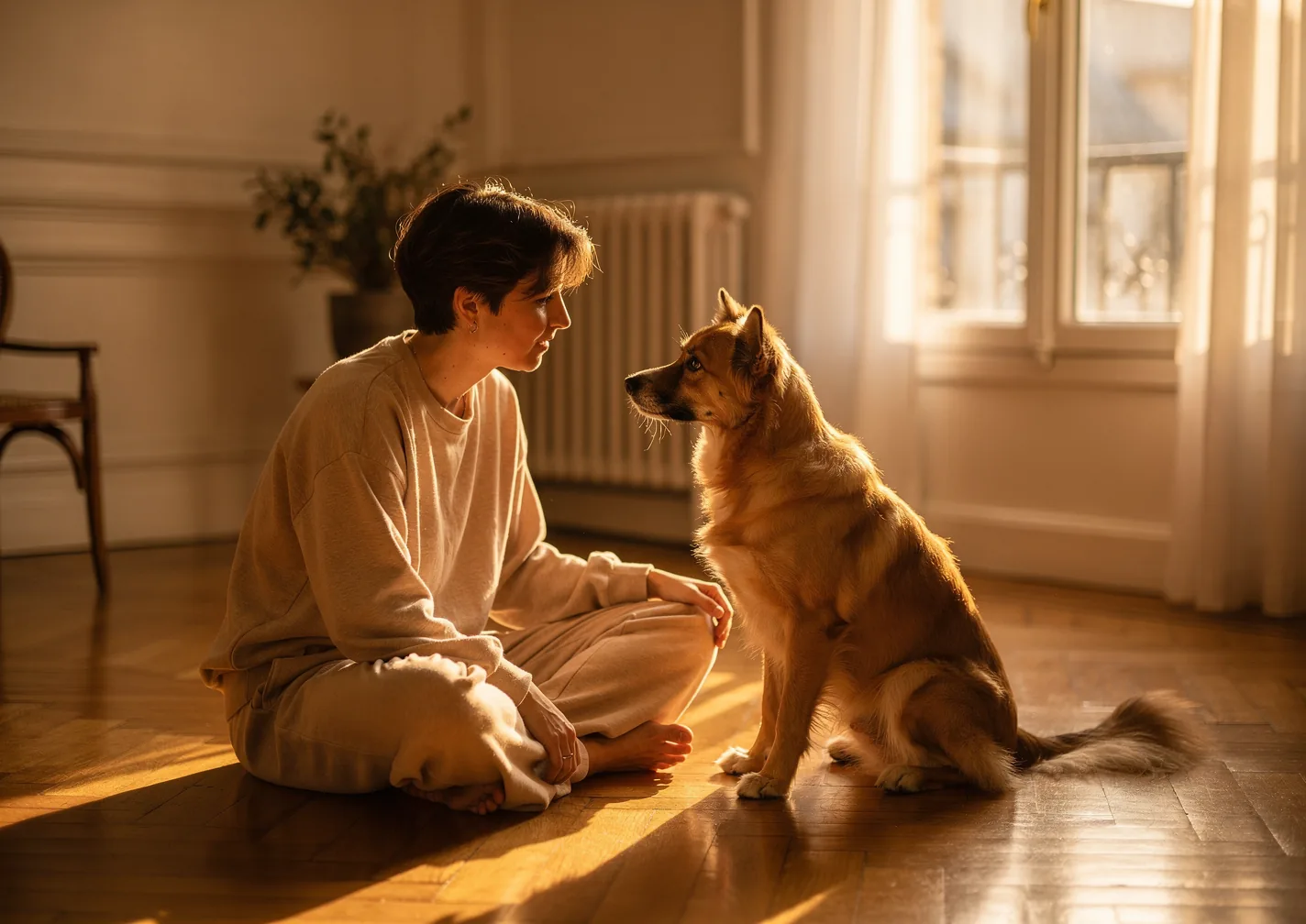 Une femme assise au sol face à son chien, dans la lumière du soir