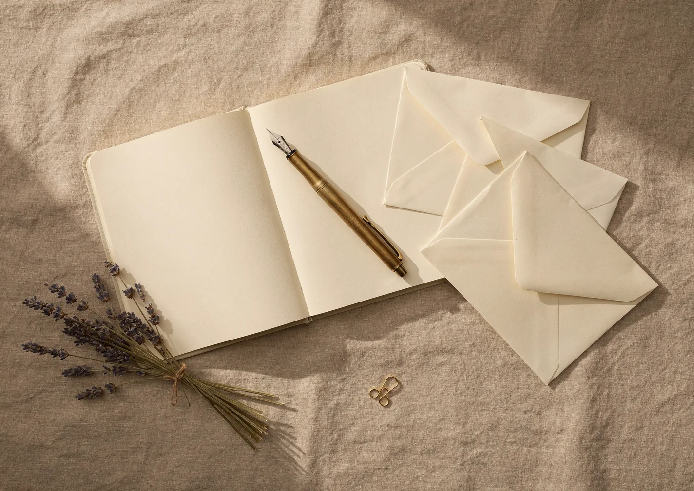 Un carnet, un stylo et des enveloppes posés sur du lin