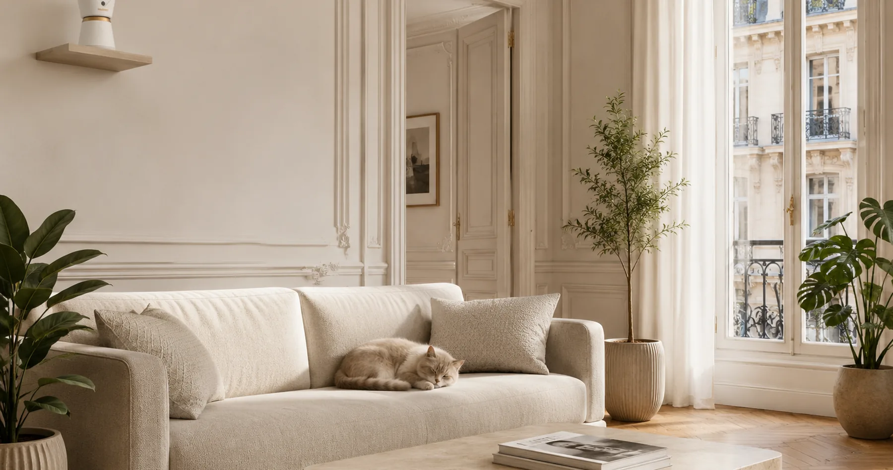 Un salon parisien vide, la camera Dojopet posee sur son etagere et le chat endormi sur le canape