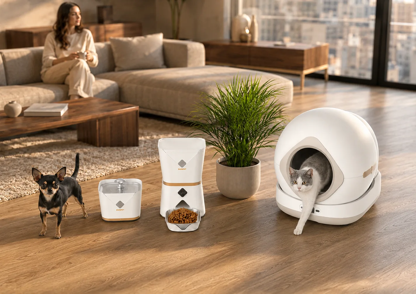 Un chat traverse un salon parisien devant la litière SmartClean et le distributeur