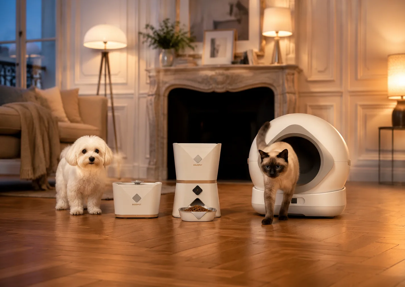 La litière, le distributeur et la fontaine Dojopet devant une cheminée