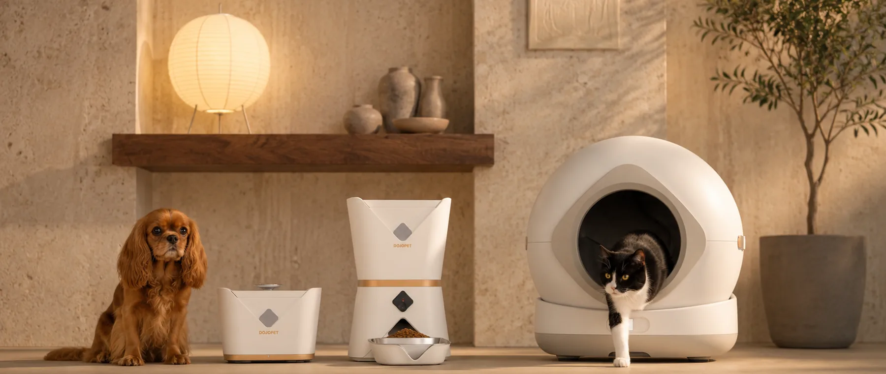 La gamme Dojopet installée dans un salon, un chien et un chat autour des appareils