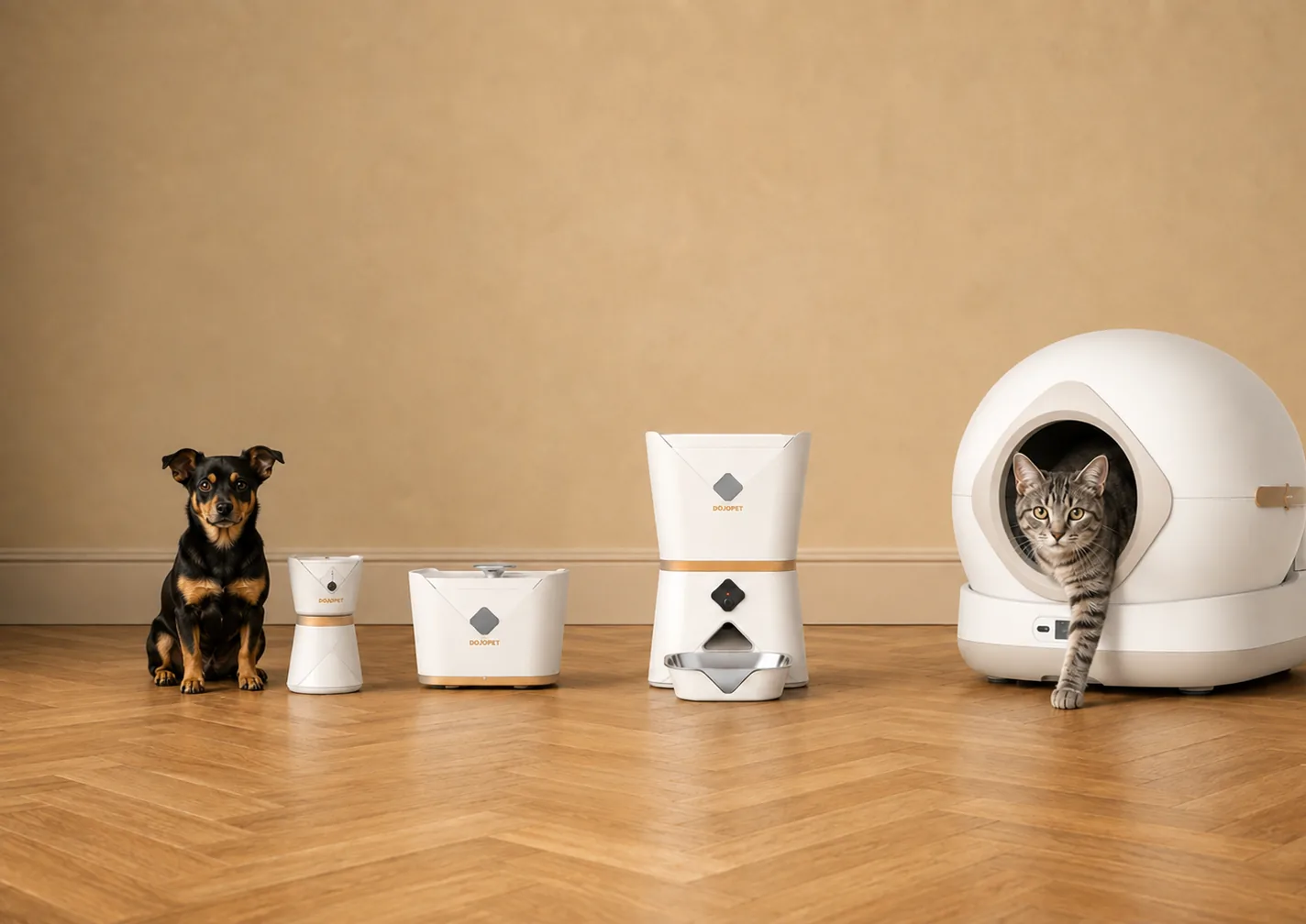 La litière SmartClean, le distributeur et la fontaine devant une cheminée