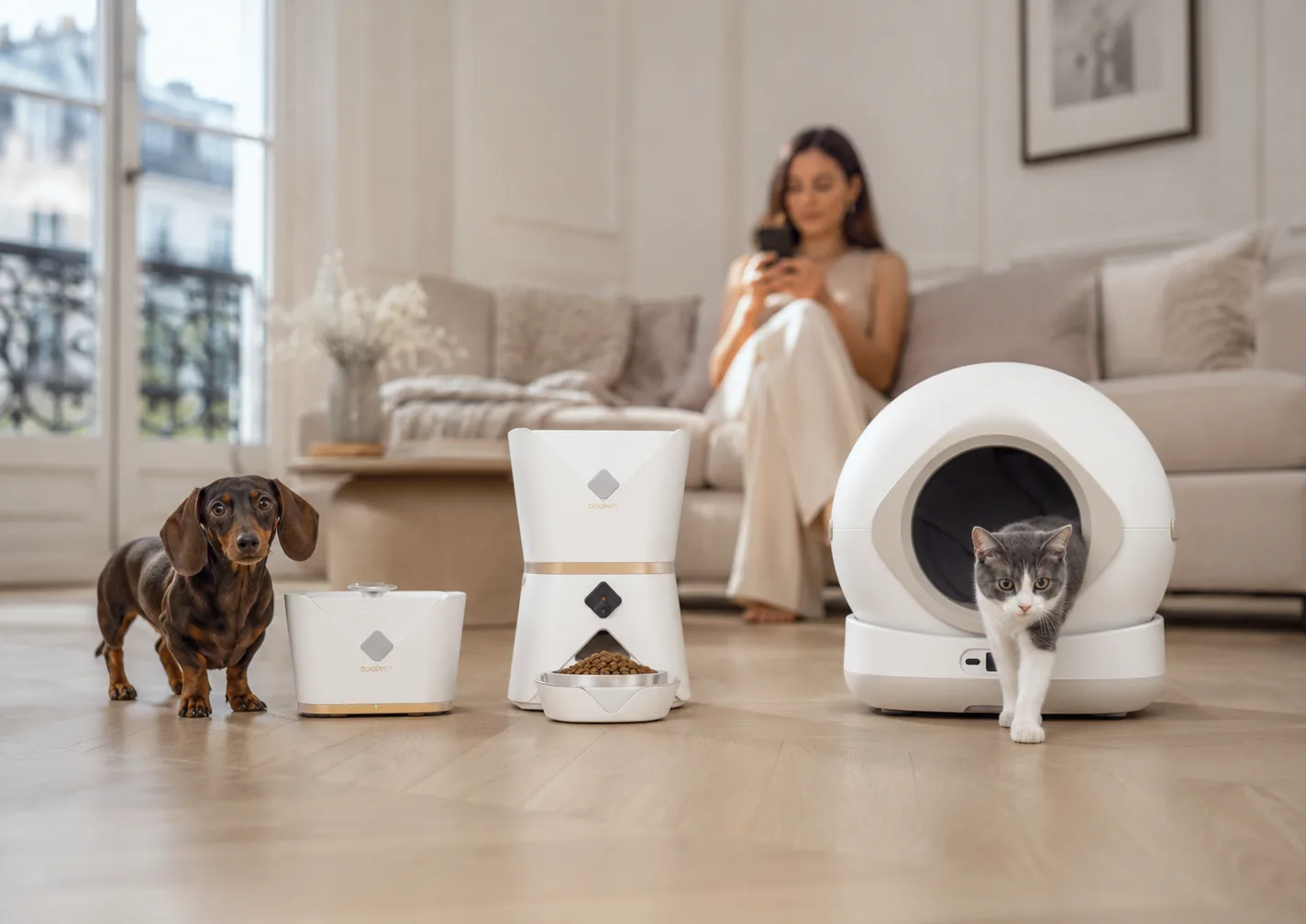 Une femme travaille sur son ordinateur, son chat couché près du distributeur NutriTrack