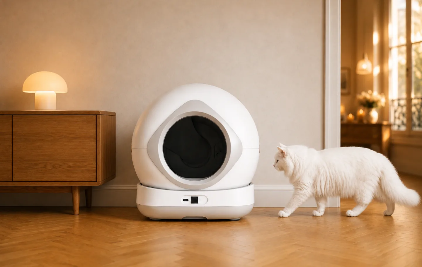 Un chat installé dans la litière SmartClean, dans un salon