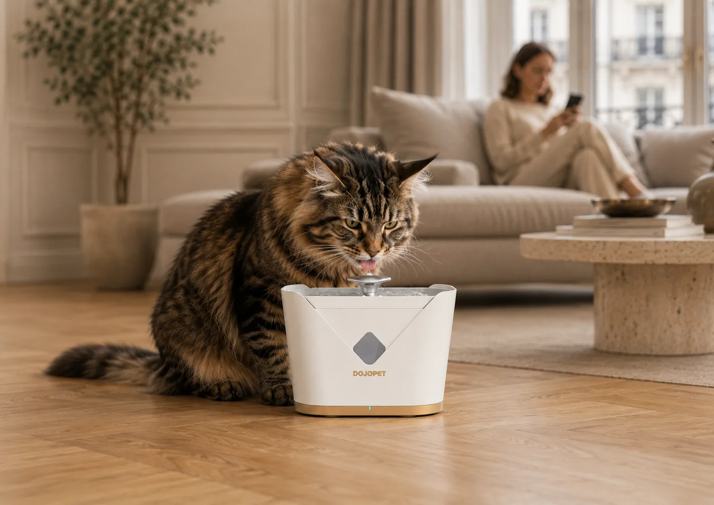 Un chat tigré boit à la fontaine HydraFlow