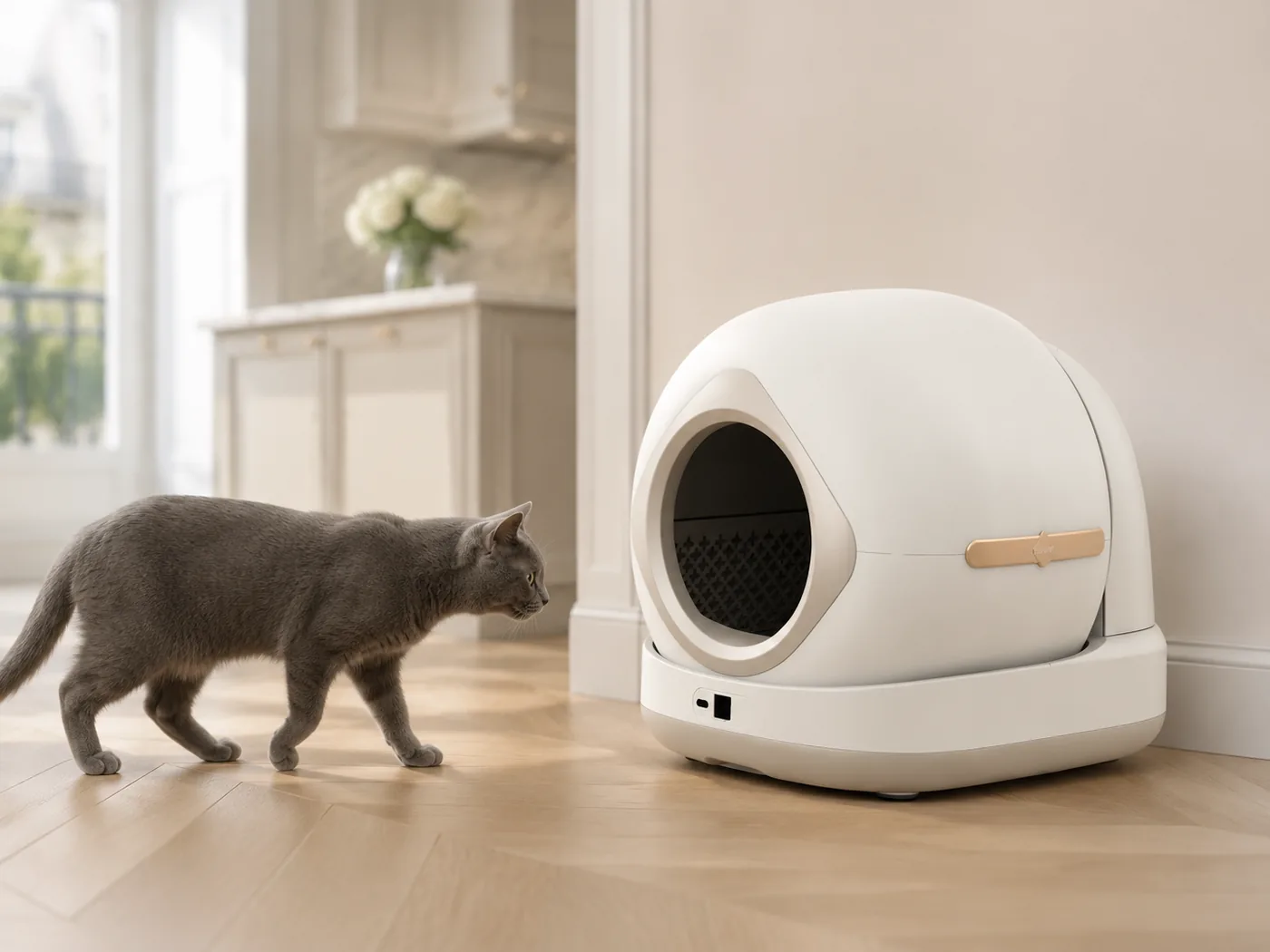 La litière connectée SmartClean dans un salon, un chat âgé qui s’en approche