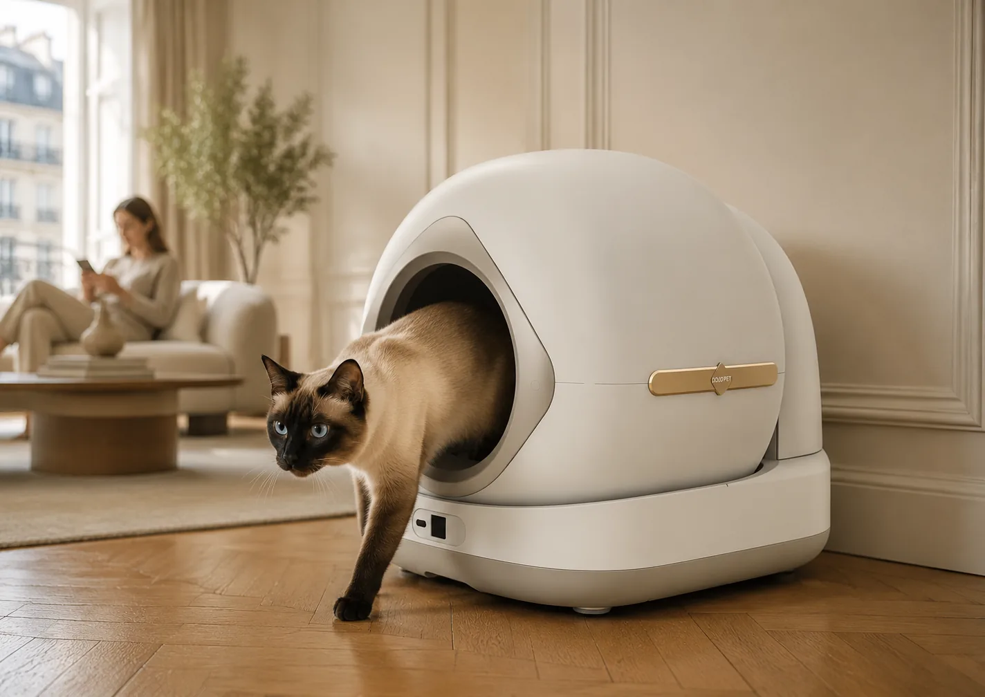 Un chat sort de la litière connectée SmartClean