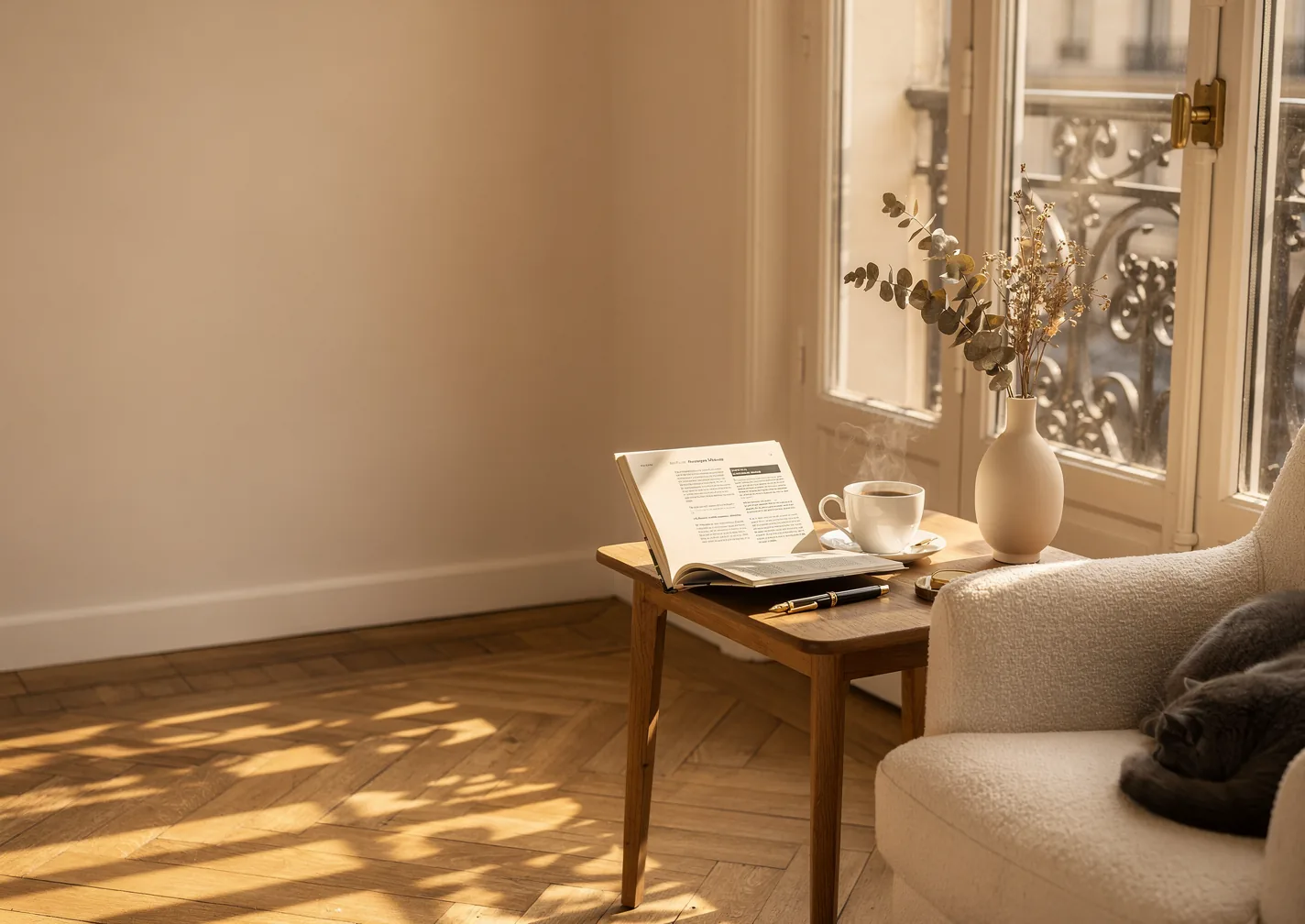 Un fauteuil et une table basse avec un carnet, un stylo et une tasse